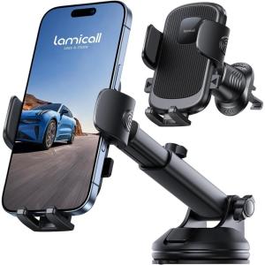 imageLamicall Car Phone Holder Mount 3in1 MilitaryGrade Suction Cup 360 Rotation Phone Holders for Your Car Metal Hook Cell Phone Car Mount Dashboard Vent Windshield for iPhone 16 All SmartphoneBlack