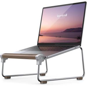 imageLamicall Laptop Stand for Desk  Aluminum and Wooden Desktop Notebook Stand Holder Ergonomic Laptop Holder for MacBook AirPro Dell Hp Msi Asus Acer Chromebook Surface Pro and 1016 LaptopSliver