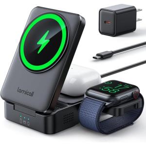 imageLamicall 3 in 1 Charging Station for Apple  Foldable Wireless Charger Stand for MagSafe Portable Travel Wireless Charger Station for Multiple Devices for iPhone 16 15 14 13 Apple Watch AirPodsBlack