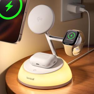 imageLamicall 4 in 1 Charging Station for Apple  for MagSafe 15W Fast Qi2 Certified Wireless Charger Stand Night Light Wireless Nightstand for iPhone 16151413 Apple Watch AirPods Desk Accessories