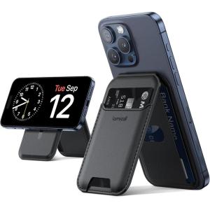 imageLamicall Magnetic Phone Stand  Slim Faux Leather Grip for Apple MagSafe Wallet Magnet 3 Cards Holder Finger Loop Grip for iPhone 15141312 Series BlackClassic Black