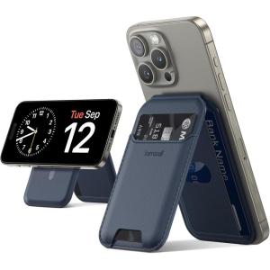 imageLamicall Magnetic Phone Stand  Slim Faux Leather Grip for Apple MagSafe Wallet Magnet 3 Cards Holder Finger Loop Grip for iPhone 15141312 Series BlackDark Blue