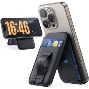 imageLamicall Magnetic Phone Stand  Slim Faux Leather Grip for Apple MagSafe Wallet Magnet 3 Cards Holder Finger Loop Grip for iPhone 15141312 Series BlackClassic Black  Grip
