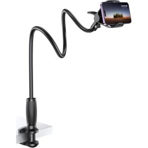imageLamicall Gooseneck Phone Holder for Bed  360 Adjustable Clamp Clip Overhead Cell Phone Mount Stand for Desk Compatible with All Cellphone Whiteblack