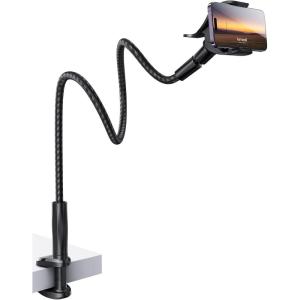 imageLamicall Gooseneck Phone Holder for Bed  Overall Length 386in Flexible Leather Wrapped Arm 360 Adjustable Clamp Clip Overhead Cell Phone Mount Stand for Desk Compatible with All Cellphone 47Black