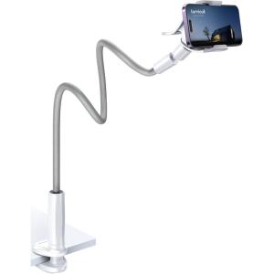 imageLamicall Gooseneck Phone Holder for Bed  Overall Length 386in Flexible Leather Wrapped Arm 360 Adjustable Clamp Clip Overhead Cell Phone Mount Stand for Desk Compatible with All Cellphone 47Grey