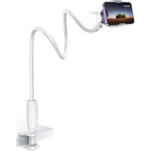 imageLamicall Gooseneck Phone Holder for Bed  Upgraded Stable Clip for Desk Headboard Bed Bedside Table Flexible Gooseneck Long Arm Stand Overhead Cell Phone Clamp Mount for All 47 DevicesSnow White